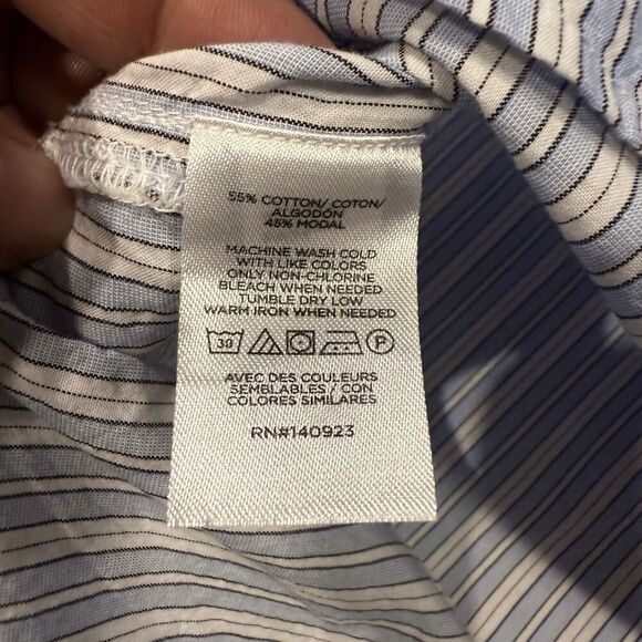 LOFT Striped Popover Blouse Size XL Blue White Split Neck 3/4 Sleeve Cotton Top - Picture 8 of 10